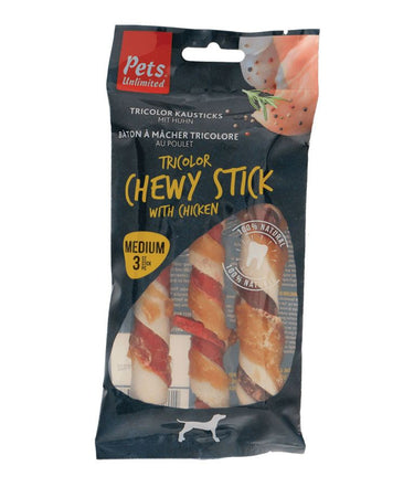 Pets Unlimited Tricolor Chewy Stick with Chicken Medium Dog Treats 3pcs -
